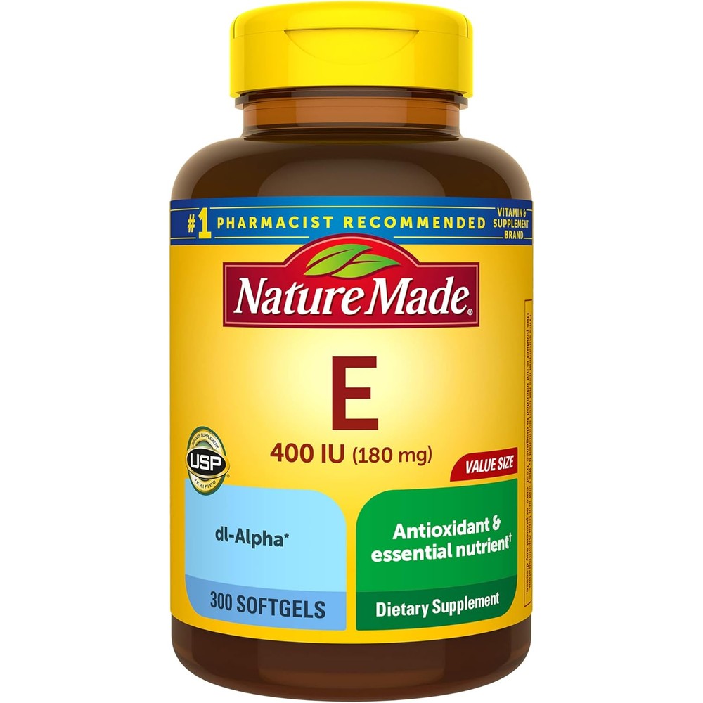 Nature Made Vitamin E 400 International Units 300 Softgels front bottle view for antioxidant support.