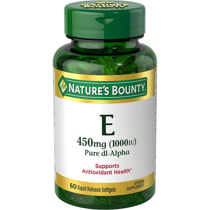 Nature's Bounty Vitamin E 1000 IU bottle front view showing rapid release softgels label