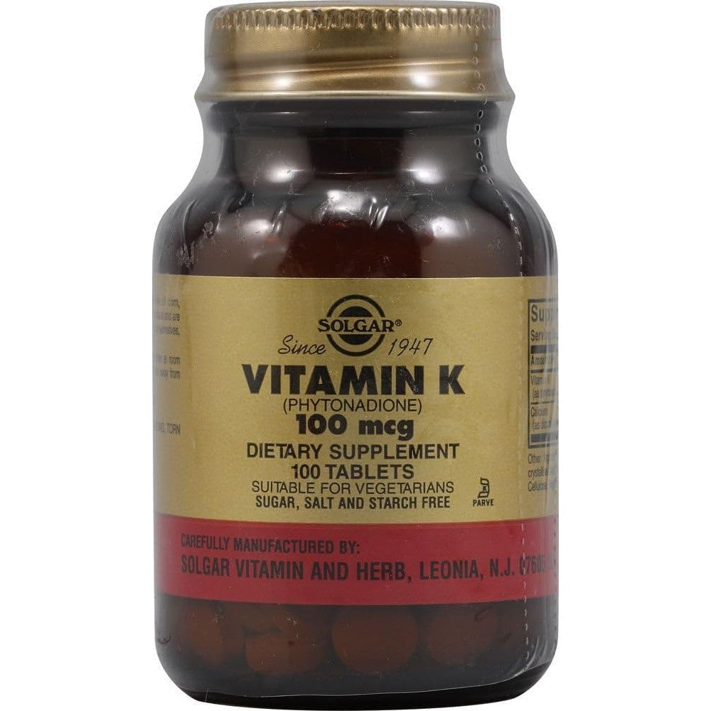 Solgar Natural Vitamin K 100 Micrograms front view bottle supplement