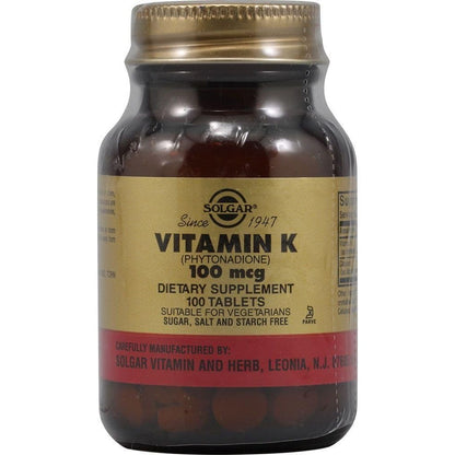 Solgar Natural Vitamin K 100 microgram dietary supplement bottle front view