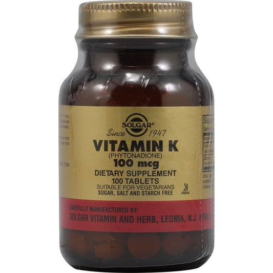 Solgar Natural Vitamin K 100 microgram dietary supplement bottle front view