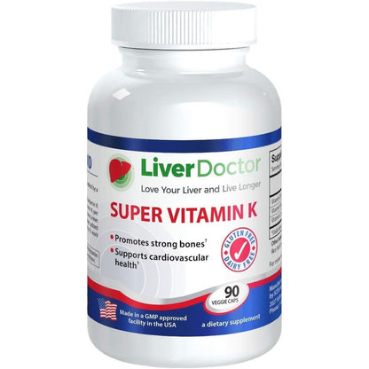 Liver Doctor Super Vitamin K ninety vegetarian capsules front bottle view for authentic cardiovascular supplement