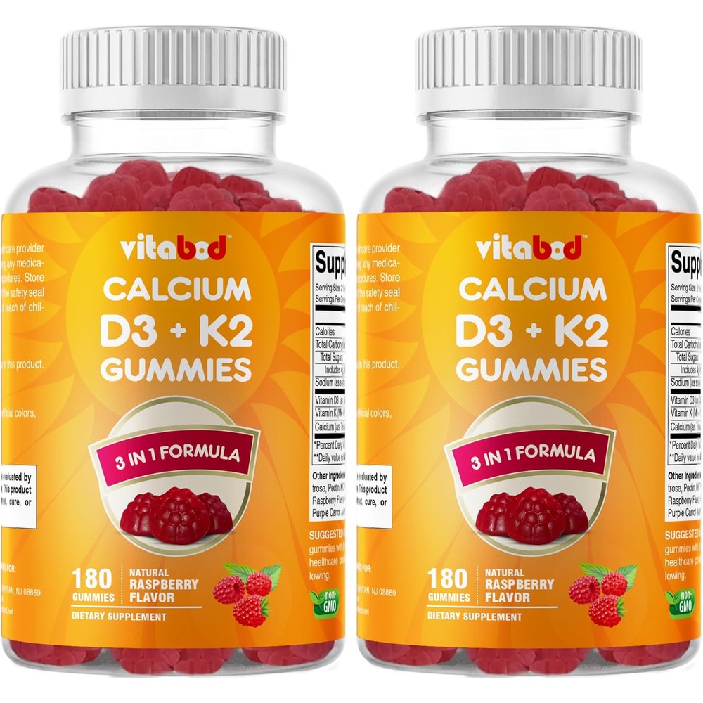 Vitabod vitamin D3 and K2 gummies front view bottle with raspberry flavor highlight