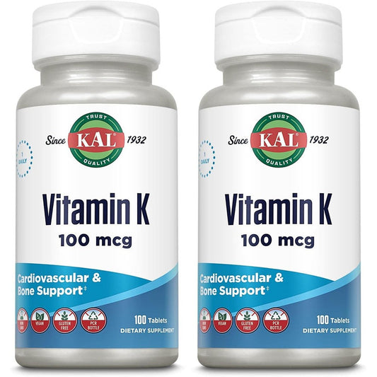 KAL Vitamin K1 100mcg tablets pack of 2 front view bottle for bone density and skeletal support