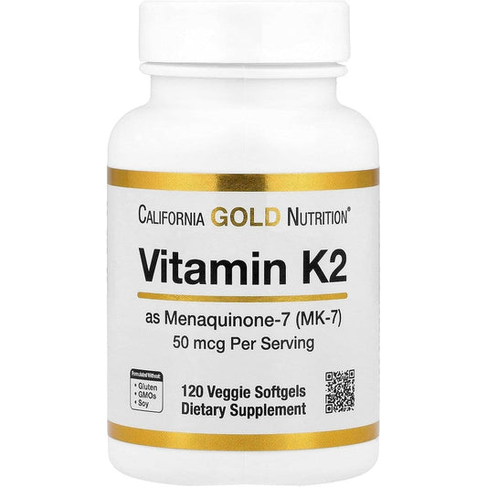 Lake Avenue Nutrition Vitamin K2 120 veggie softgels front bottle view showing 50 mcg potency