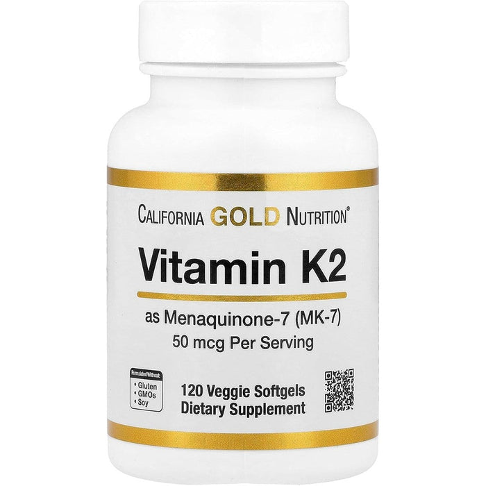 Lake Avenue Nutrition Vitamin K2 bottle front view showing 50 mcg and 120 veggie softgels supplement packaging.