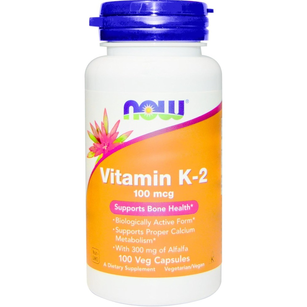 NOW Foods Vitamin K2 100mcg 100 vegetable capsules front view bottle showing premium bone health supplement