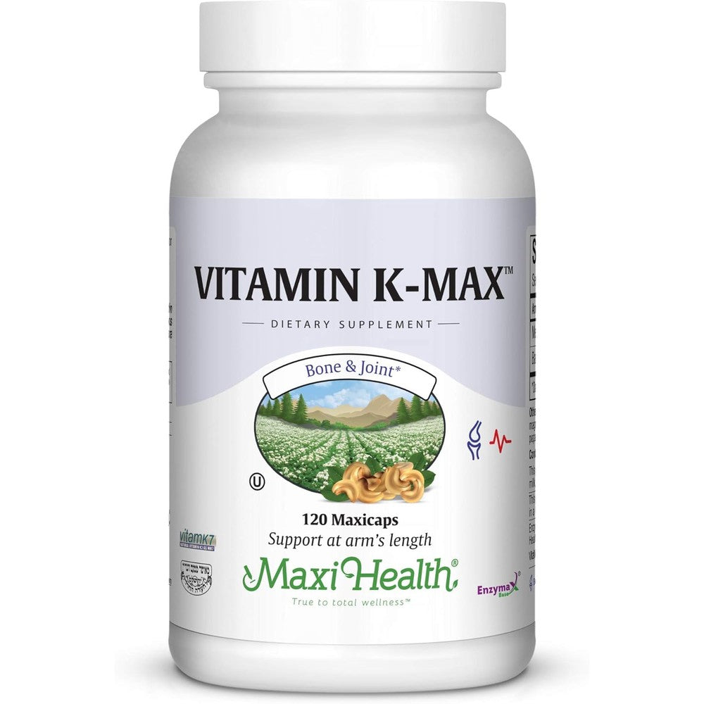 Maxi Health Maxi Vitamin K Max 120 Capsules front view bottle for bone support