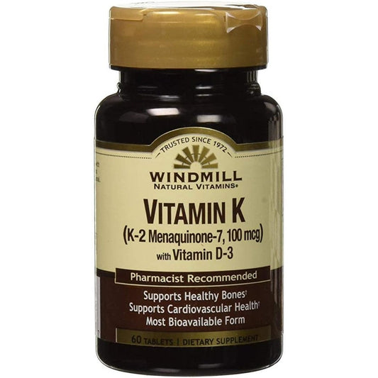 Windmill Natural Vitamins Vitamin K2 and D3 sixty tablets front view bottle for bone strength and cardiovascular support.