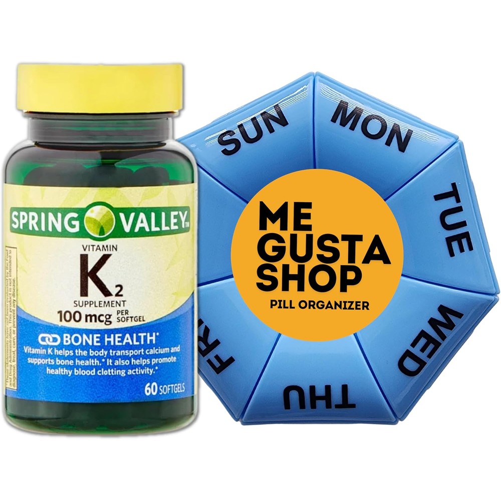 Spring Valley Vitamin K2 100 mcg softgels front bottle view with pill organizer