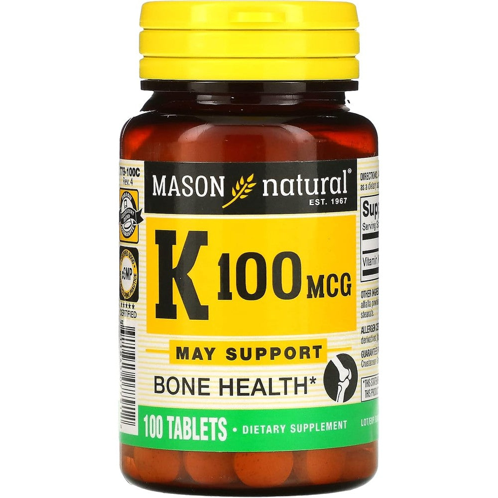 Mason Natural Vitamin K 100 mcg tablets front product bottle view