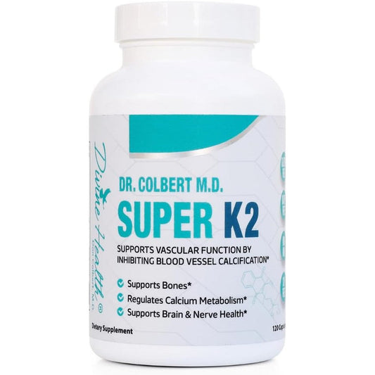 Divine Health Dr Colbert Super Vitamin K2 MK7 front view of 120 capsules bottle for authentic bone health support.