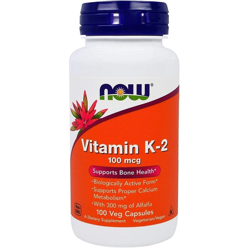 NOW Foods Vitamin K2 100 Micrograms front view bottle of 100 vegetarian capsules for bone health support.