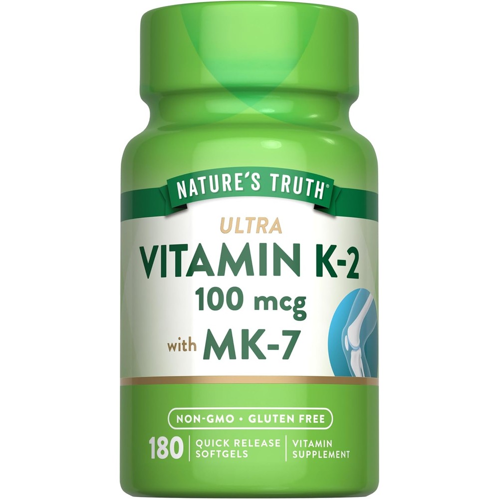Nature's Truth Vitamin K2 MK7 100 mcg 180 softgels front view of premium USA imported bottle for bone health support