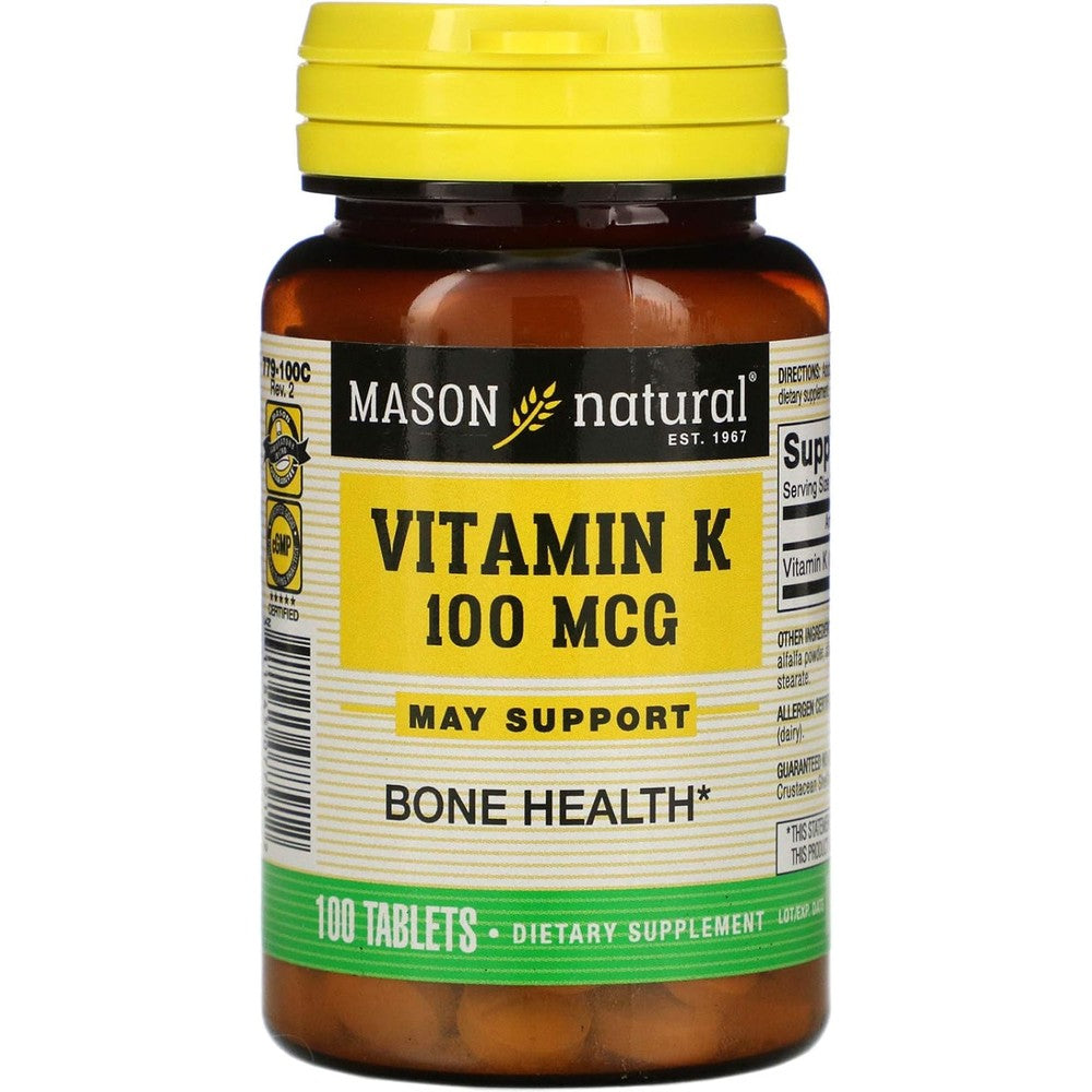 Mason Natural Vitamin K 100 Mcg 100 Tablets front bottle view showing bone health support