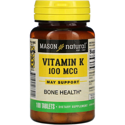 Mason Natural Vitamin K 100 Mcg 100 Tablets front bottle view showing bone health support