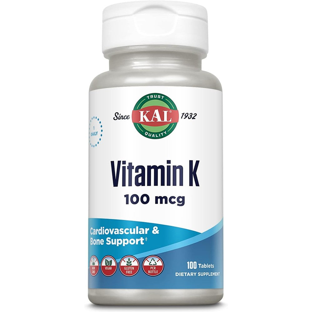 Kal Vitamin K1 100 Mcg Tablets front bottle view packaging