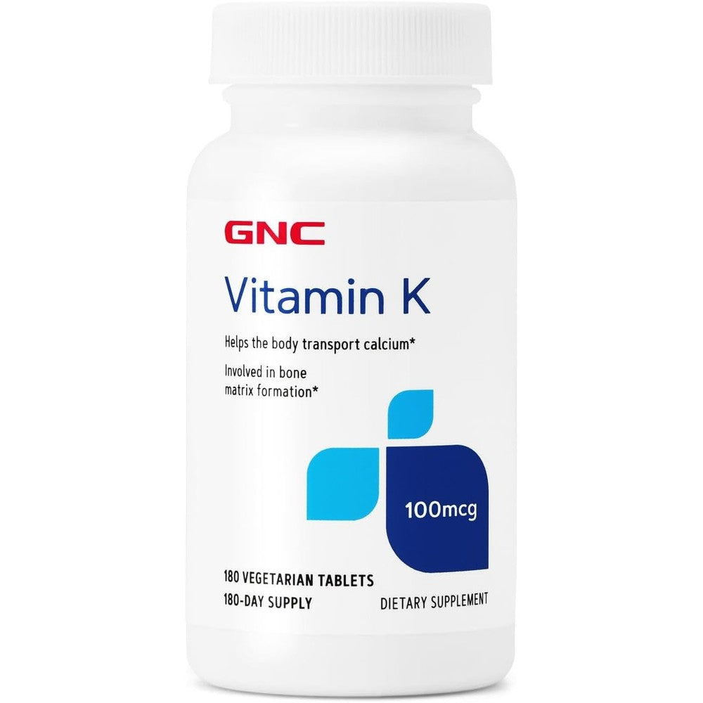 GNC Vitamin K 100mcg 180 tablets front view bottle for bone health support