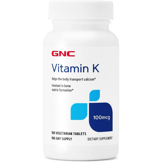 GNC Vitamin K 100mcg 180 tablets front view bottle for bone health support