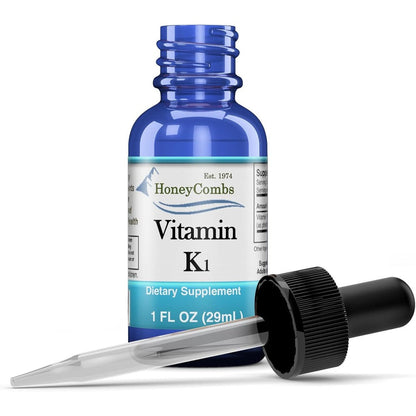 HoneyCombs Vitamin K1 Liquid Drops front view bottle showing vegan dietary supplement label.