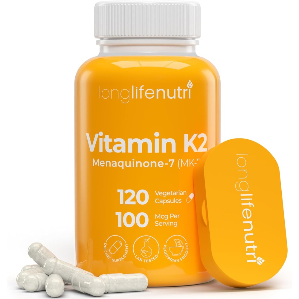 LongLifeNutri Vitamin K2 MK-7 100 Micrograms supplement bottle front view with capsules