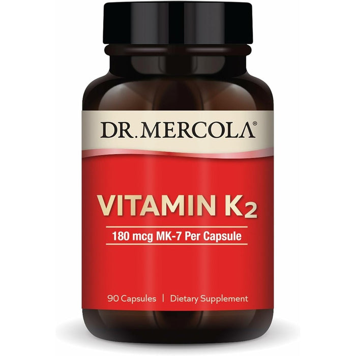 Dr. Mercola Vitamin K2 MK7 180 mcg 90 Capsules front view showcasing brand label and bottle design