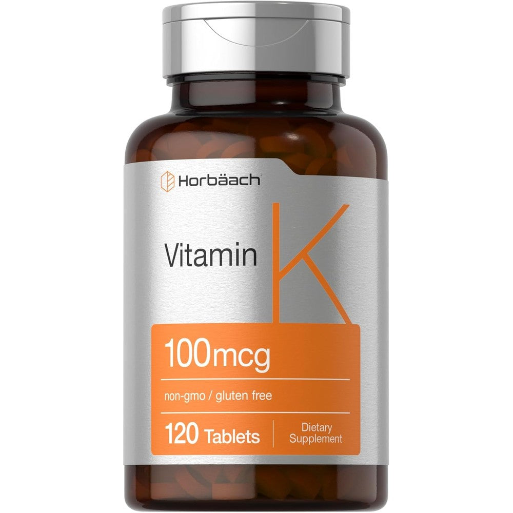 Horbäach Vitamin K 100 Mcg 120 Vegetarian Tablets bottle front view showing brand logo and clean labels.