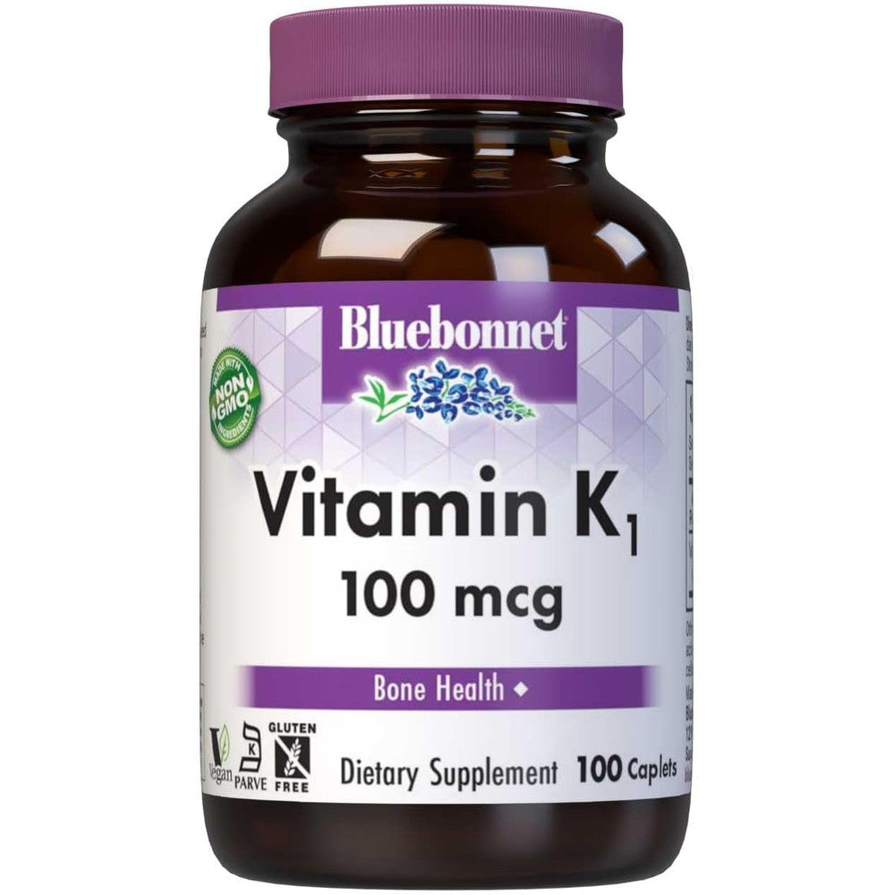 Bluebonnet Vitamin K1 100 Mcg Vegan Caplets front view bottle packaging for bone health