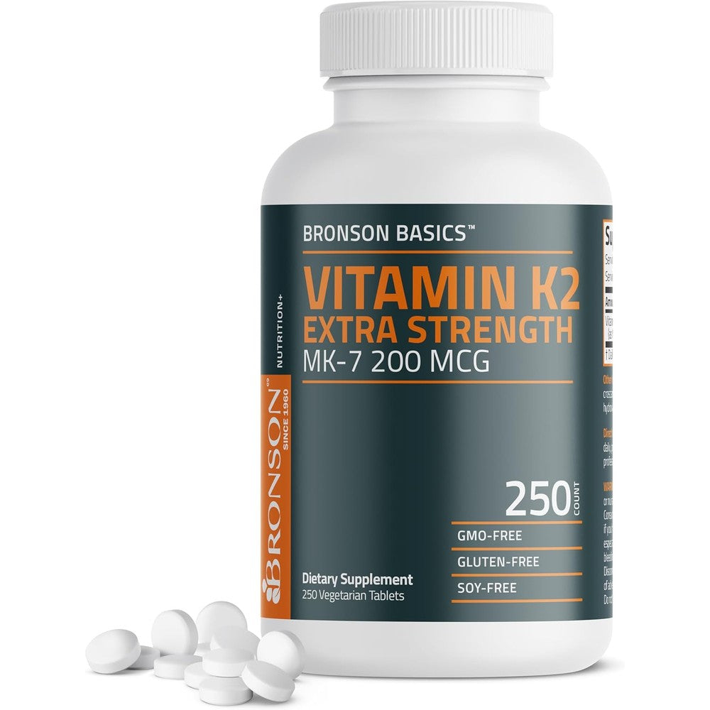 Bronson Vitamin K2 MK7 extra strength 250 vegetarian tablets front bottle view