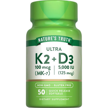 Nature's Truth Vitamin K2 MK7 with D3 50 softgels front view bottle for bone health