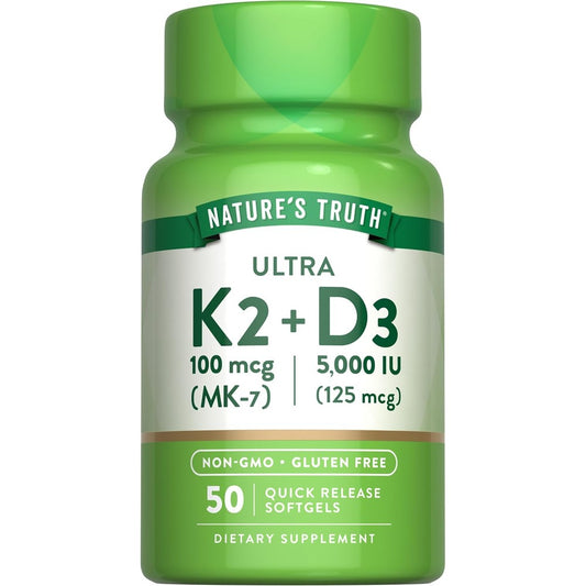 Nature's Truth Vitamin K2 MK7 with D3 50 softgels front view bottle for bone health