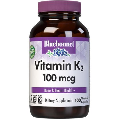 Bluebonnet Vitamin K2 MK7 100 mcg 100 vegetable capsules front bottle view for bone health