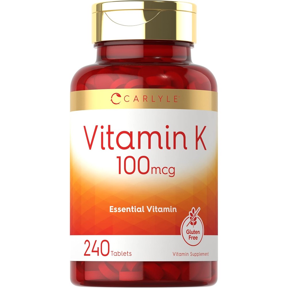 Carlyle Vitamin K 100 mcg front bottle view showing tablet count and vegetarian label