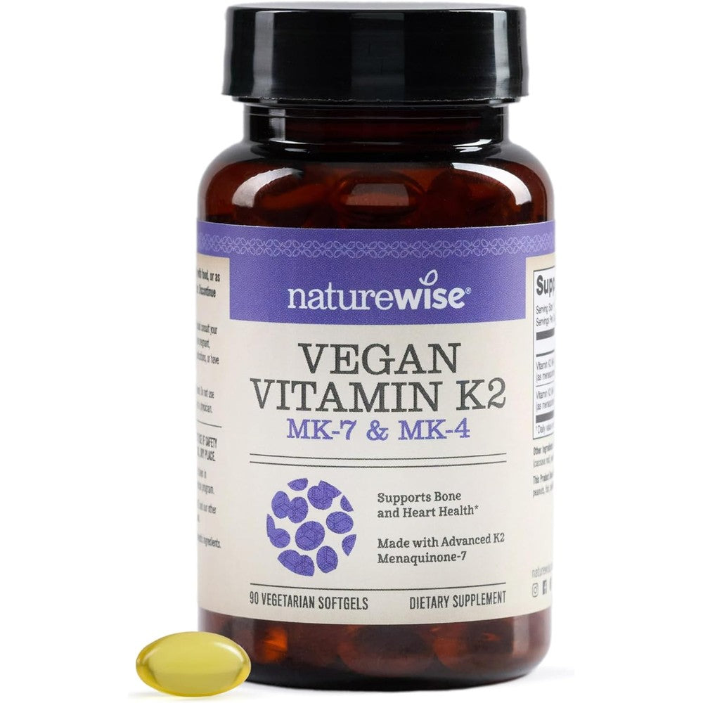 NatureWise Vegan Vitamin K2 600mcg supplement bottle front view showcasing clean ingredients