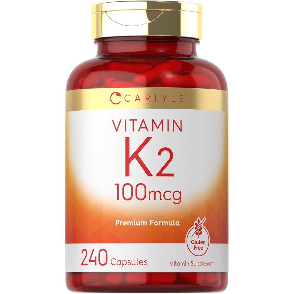 Carlyle Vitamin K2 MK4 100 Mcg Capsules front bottle view with red and gold label