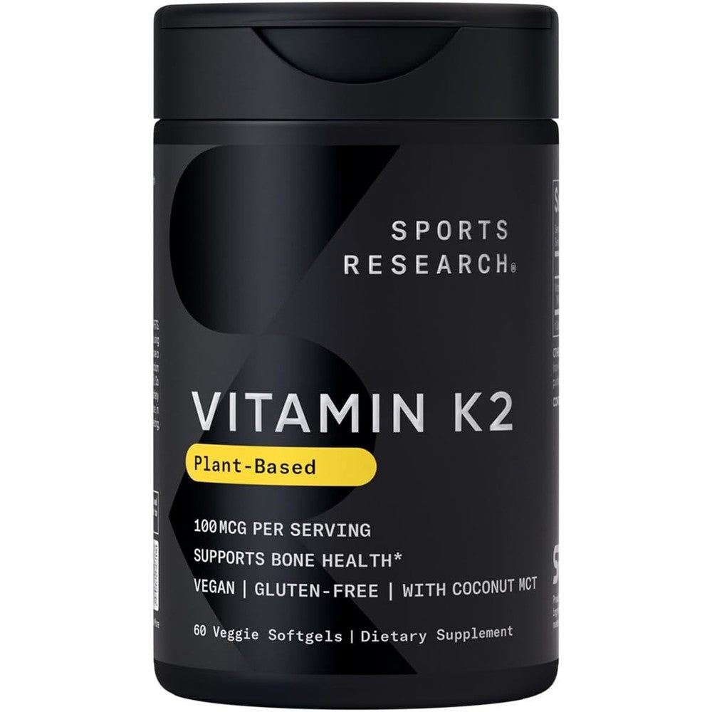Sports Research Vitamin K2 MK7 100 Micrograms front view bottle of vegan softgels for bone health.