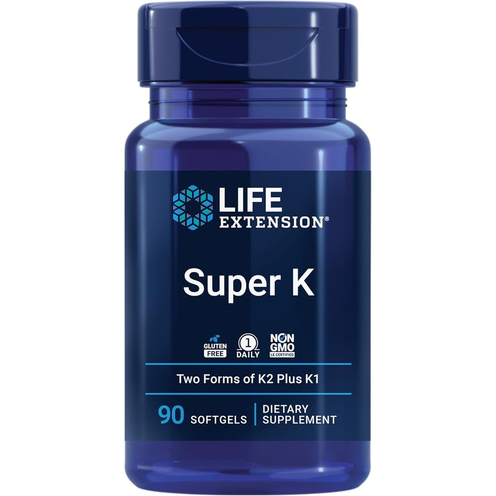 Life Extension Super K advanced vitamin K complex 90 softgels front view bottle