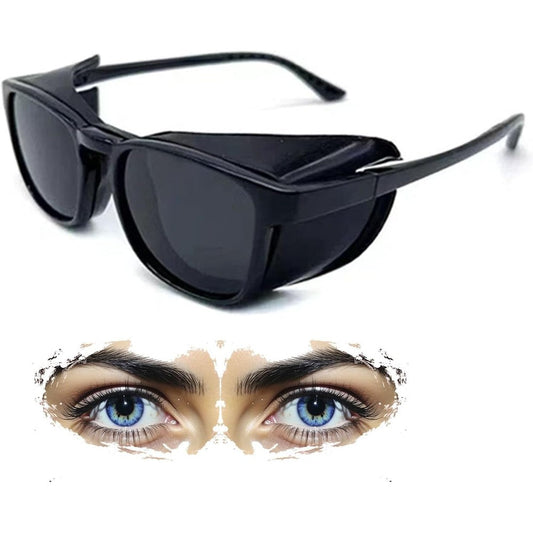 Cosycare Hydrating Dry Eyes Glasses front view with black frames and silicone chambers.