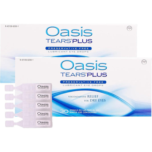 Oasis Tears Plus OT6200 preservative-free lubricant eye drops front packaging view for dry eye relief.