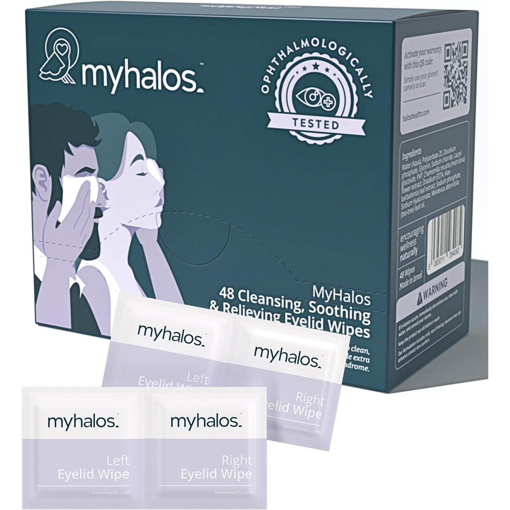MyHalos Hydrating Eyelid Wipes front view of 48 count box for dry eye relief