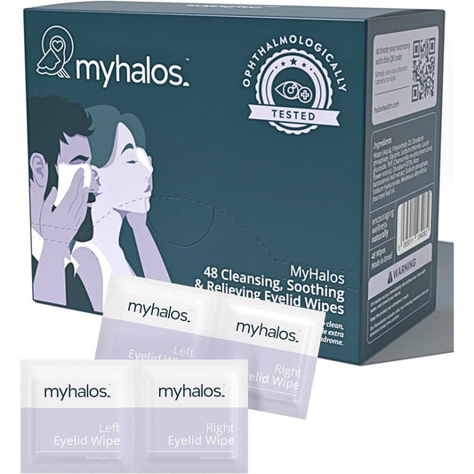 MyHalos Hydrating Eyelid Wipes front view of 48 count box for dry eye relief