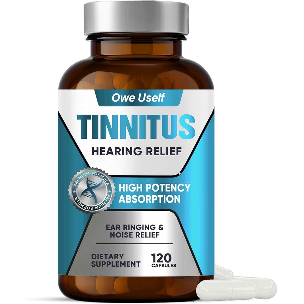 Owe Uself Tinnitus Relief front view of 120 capsules bottle for ear health