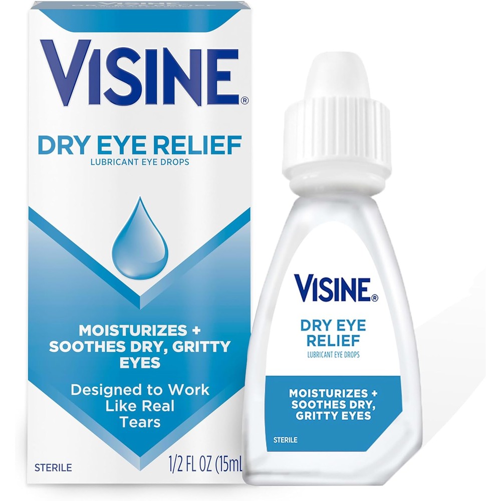 Visine Dry Eye Relief Lubricant Eye Drops front packaging showing polyethylene glycol formula.