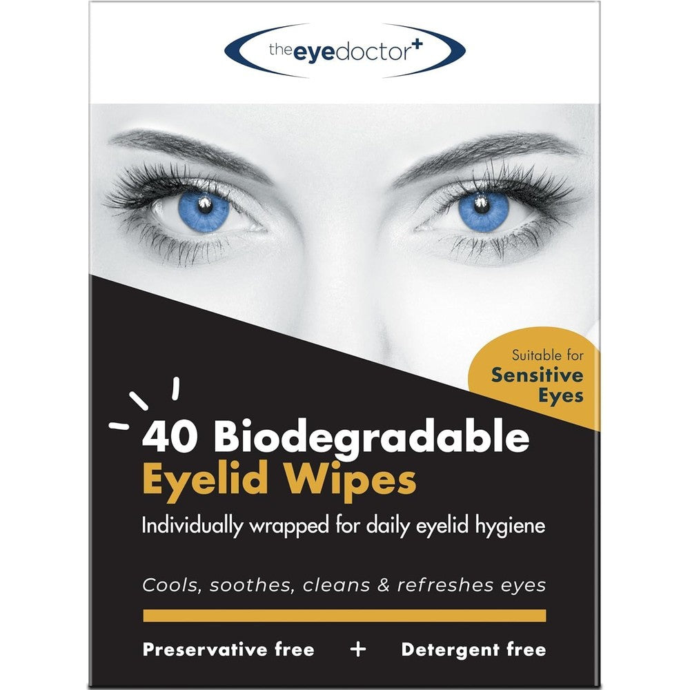 The Eye Doctor Biodegradable Eyelid Wipes 20 pack front packaging for dry eye relief.