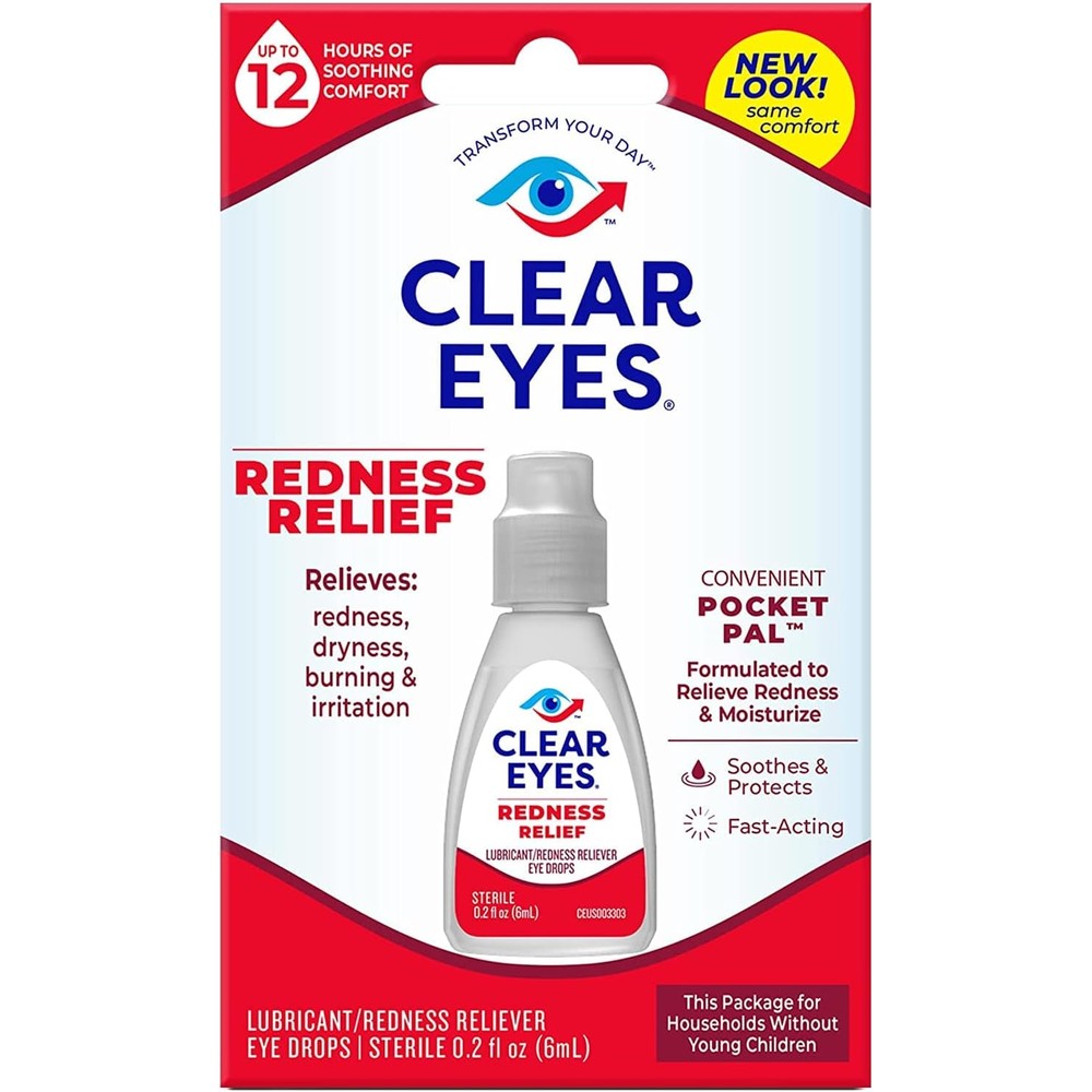 Clear Eyes Redness Relief Eye Drops 0.2 fluid ounce front view for fast redness removal.