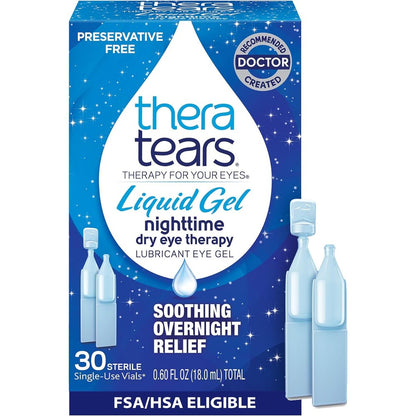 TheraTears Liquid Gel Nighttime Lubricating Eye Drops front view of 30 count box for dry eye relief