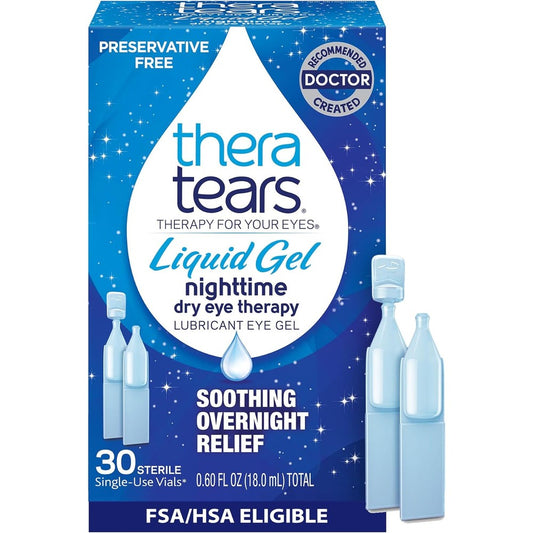TheraTears Liquid Gel Nighttime Lubricating Eye Drops front view of 30 count box for dry eye relief