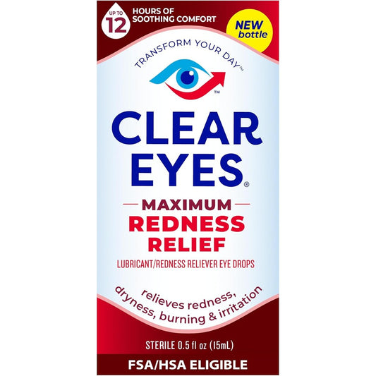 Clear Eyes Maximum Redness Relief bottle front view for eye irritation relief.