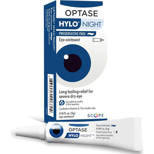 Optase HYLO Night Ointment 0.18 Ounce front packaging for dry eye relief.