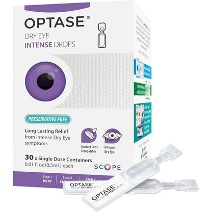 Optase Dry Eye Intense Drops 30 single dose vials front packaging view.